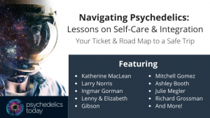 advertisement for the Psychedelics Today course, Navigating Psychedelics Lessons on Self-Care & Integration, featuring a photo of an astronaut to the right and text to the left: Navigating Psychedelics: Lessons on Self Care & Integration: Your Ticket & Road Map to a Safe Trip. Featuring: Katherine MacLean, Larry Norris, Ingmar Gorman, Lenny & Elizabeth Gibson, Mitchell Gomez, Ashley Booth, Julie Megler, Richard Grossman And More!