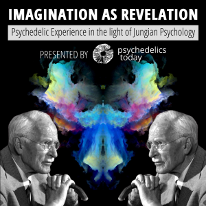 advertisement for the psychedelics today course Imagination as Revelation: Psychedelic Experience in the light of Jungian Psychology featuring a colorful ink blot symmetrical shape in the middle with mirroring photos of Carl Jungian, an old white man with receding white hair.