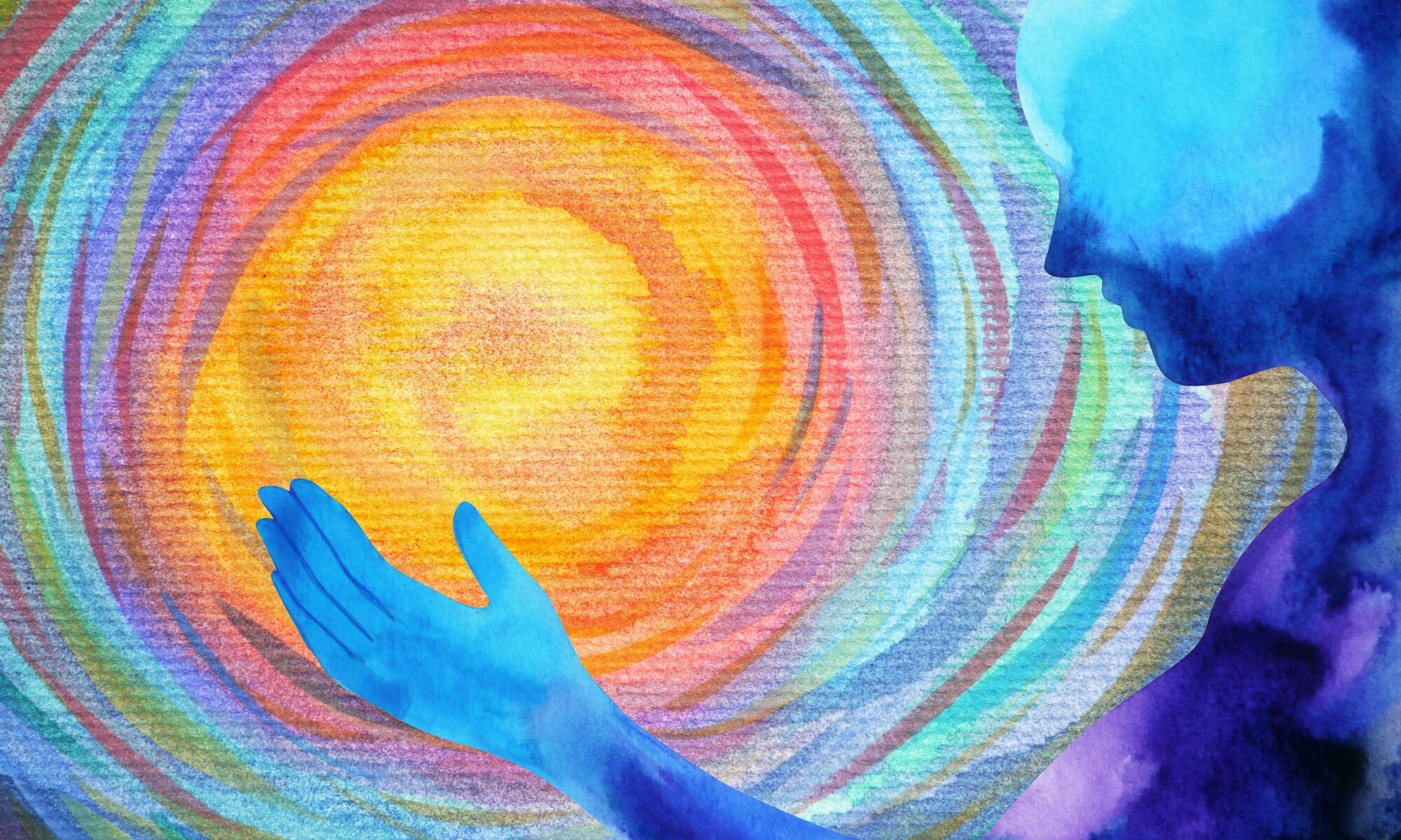 water color painting of a silhouette of a person putting their hand toward a swirl of colors that resemble the sun to represent psychedelics for moral injury