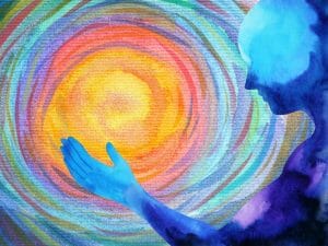 water color painting of a silhouette of a person putting their hand toward a swirl of colors that resemble the sun to represent psychedelics for moral injury