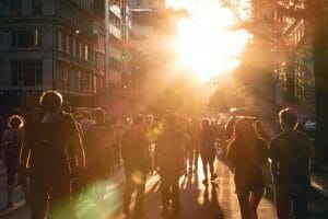 photo of protestors in NYC at sunset