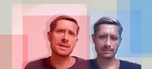 photo collage of Robin Carhart Harris to represent psilocybin for depression. left side Robins face slightly out of focus in red, right side is Robin's face with a different expression in blue