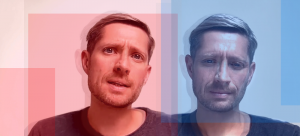 photo collage of Robin Carhart Harris to represent psilocybin for depression. left side Robins face slightly out of focus in red, right side is Robin's face with a different expression in blue