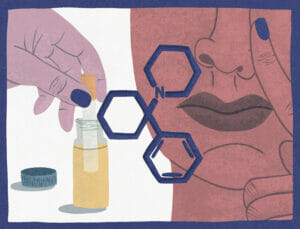 illustration-to-depict-the-drug-PCP-On-the-left-a-hand-dipping-a-cigarette-into-a-vial-of-yellow-liquid-On-the-right-a-persons-nose-inhaling-the-chemical-structure-of-PCP