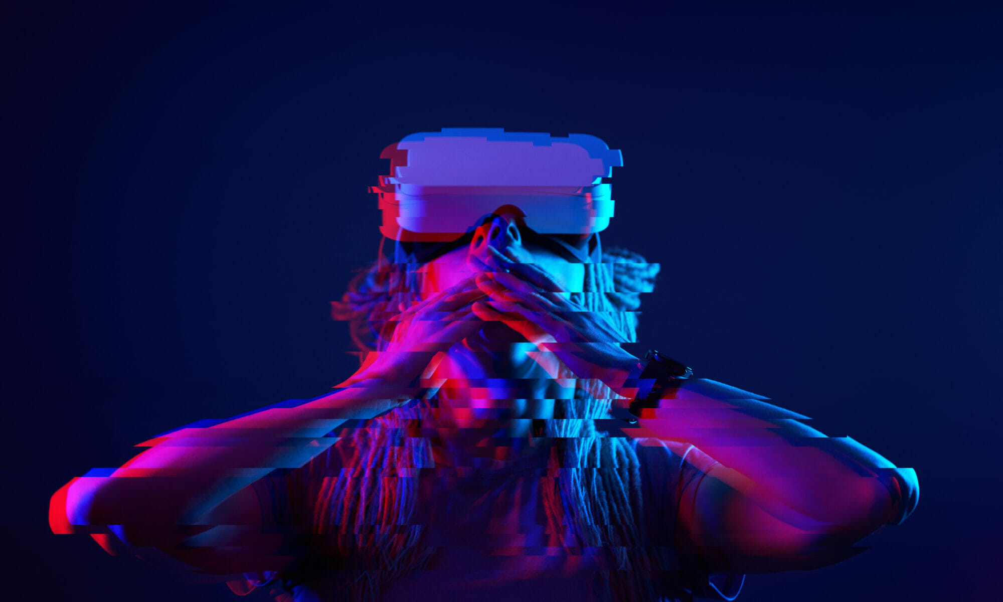 woman using virtual reality headset with glitch effect to represent psychedelic VR