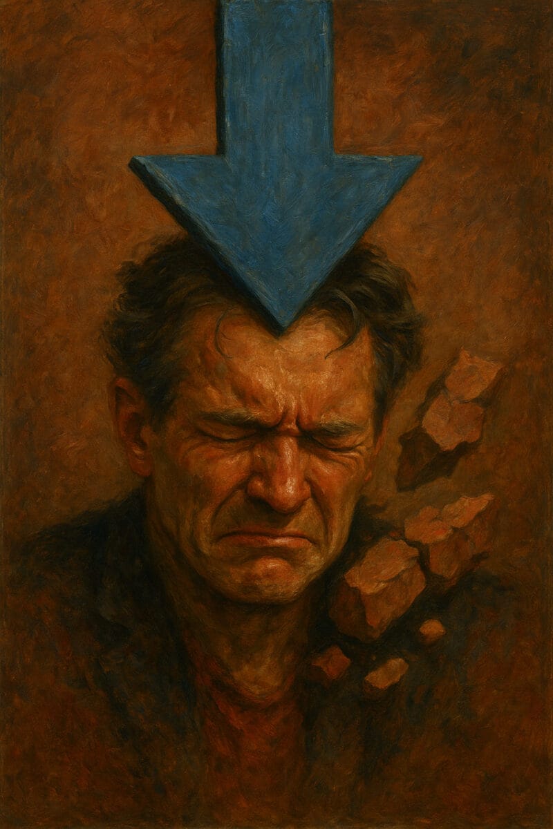 Man getting hit in head with a downward pointing arrow. Face crumbling into rocks. Dark colors, oil painting.