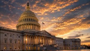 US Capital Building at Sunset - Federal Summit on Psychedelics - Psychedelic Medicine Coalition - GPT created image.